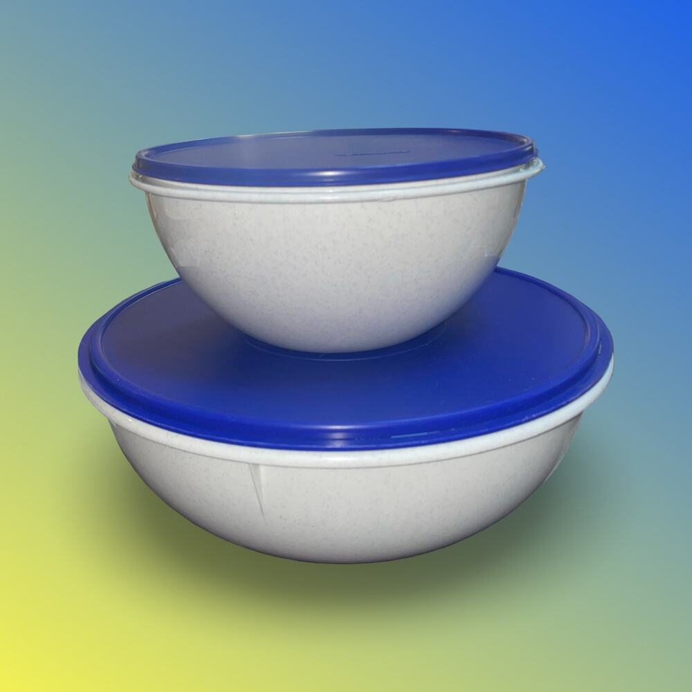 Tupperware Thatsa Bowl Set of 2 Speckled Nesting Bowls Lids 274 224 2518A 2515B